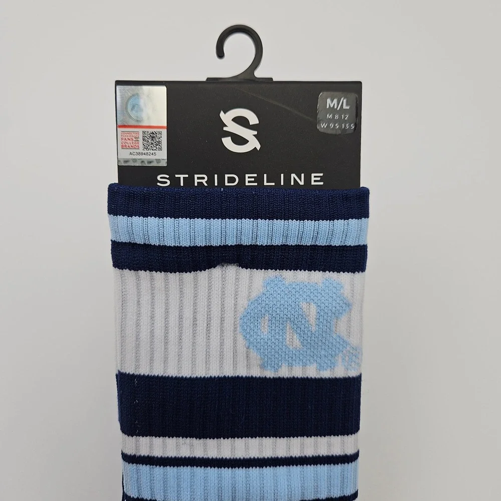 Strideline UNC Tar Heels Premium Knit Crew Socks Navy Blue White Mens 8-12 New